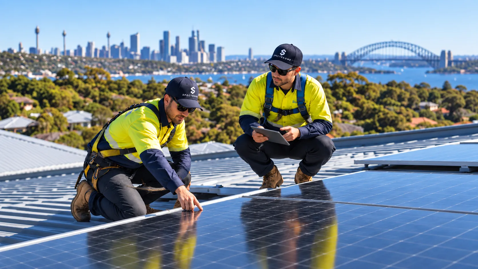 Two Spectra One installers checking panels on a metal roof above Sydney Harbour