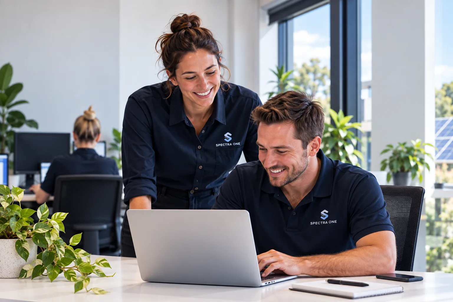 Two Spectra One team members reviewing a job on a laptop